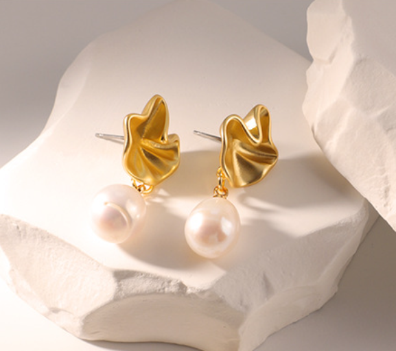 Gold Plated Brass with Natural Water Pearl Earrings Lotus Leaf Shape