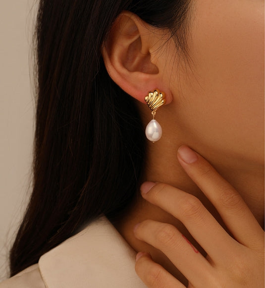 Gold Shell Pearl Stud Earrings