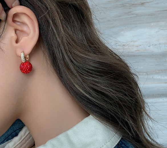 Red White Crystal Pave Round Disco Ball Dangle Earrings