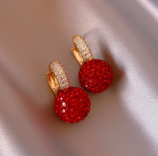 Red White Crystal Pave Round Disco Ball Dangle Earrings