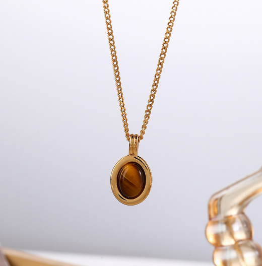 Oval Tiger Eye Stone Pendant Necklace and Earrings Set