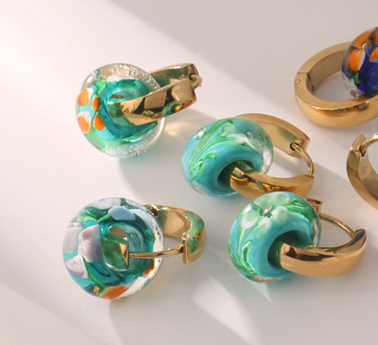 Titanium Steel Oval Vintage Coloured Glass Earrings