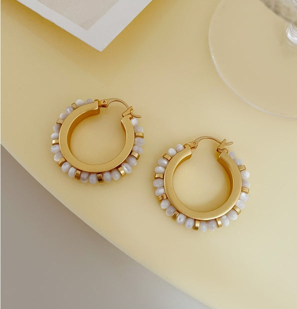 Natural Stone Beaded Hoop Earrings White