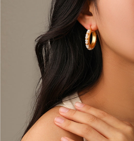 Natural Stone Beaded Hoop Earrings White
